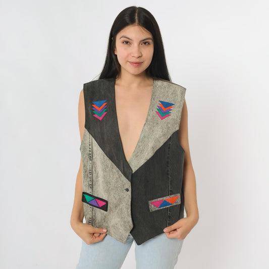 90s Southwestern Denim Vest Acid Wash Grey Black Deep V Neck Medium M