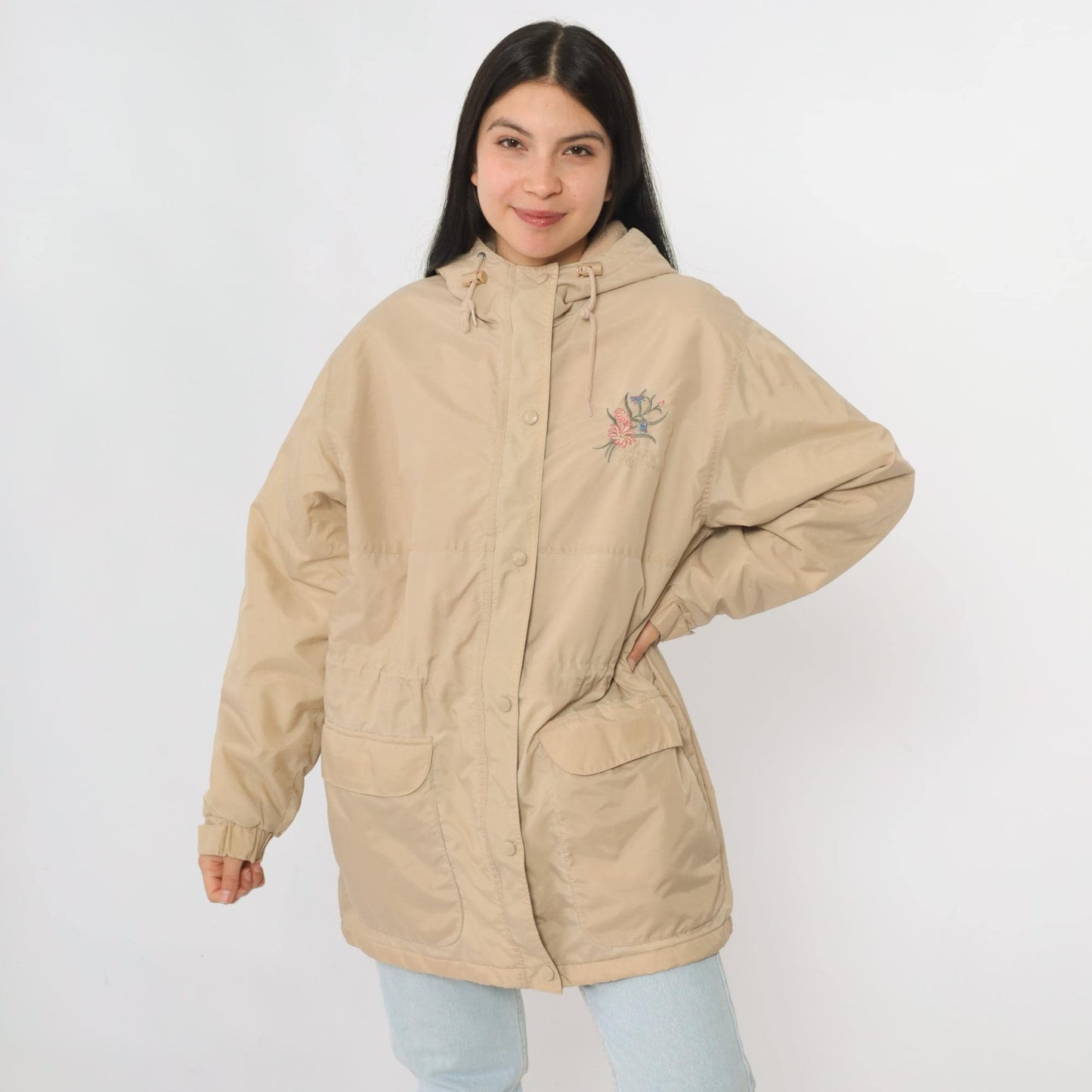 90s Northern Reflections Tan Hooded Windbreaker Floral Embroidered Fleece Lined Small
