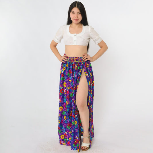 70s Rainbow Floral Maxi Skirt Purple High Slit Smocked Waist Small
