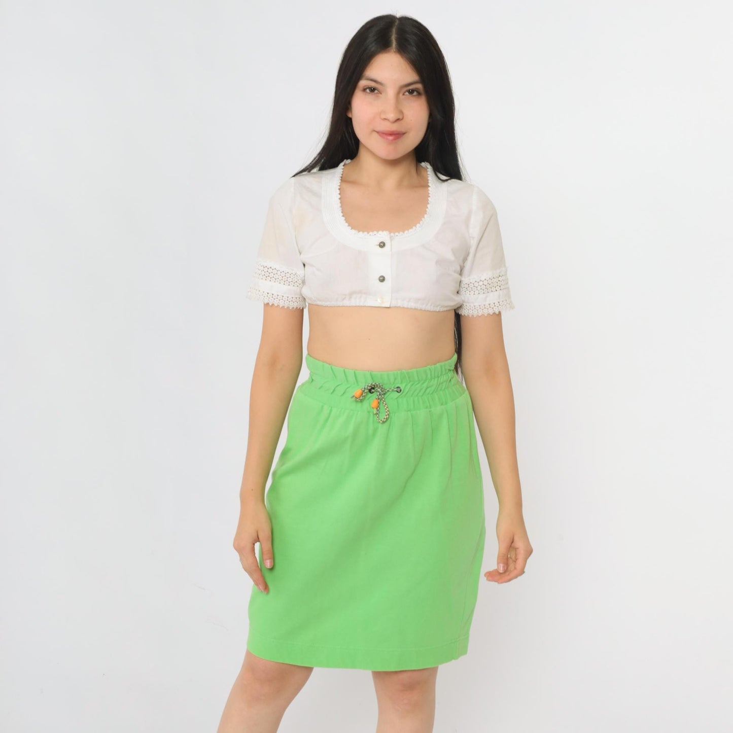 90s Lime Green Mini Skirt Drawstring Waist Cotton Small S