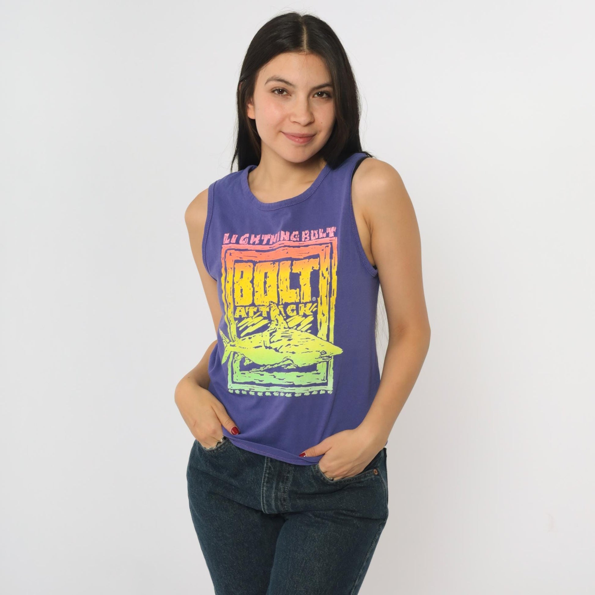 90s Lightning Bolt Shark Graphic Tank Top Purple Neon Sleeveless Extra Small