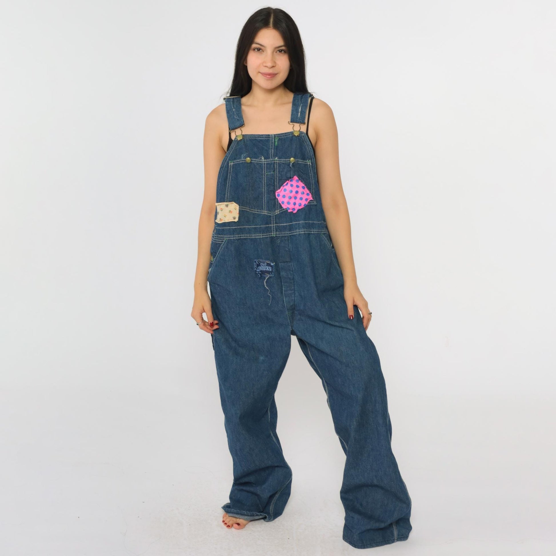 70s OshKosh B'gosh Denim Bib Overalls Patchwork Blue Carpenter Medium Large