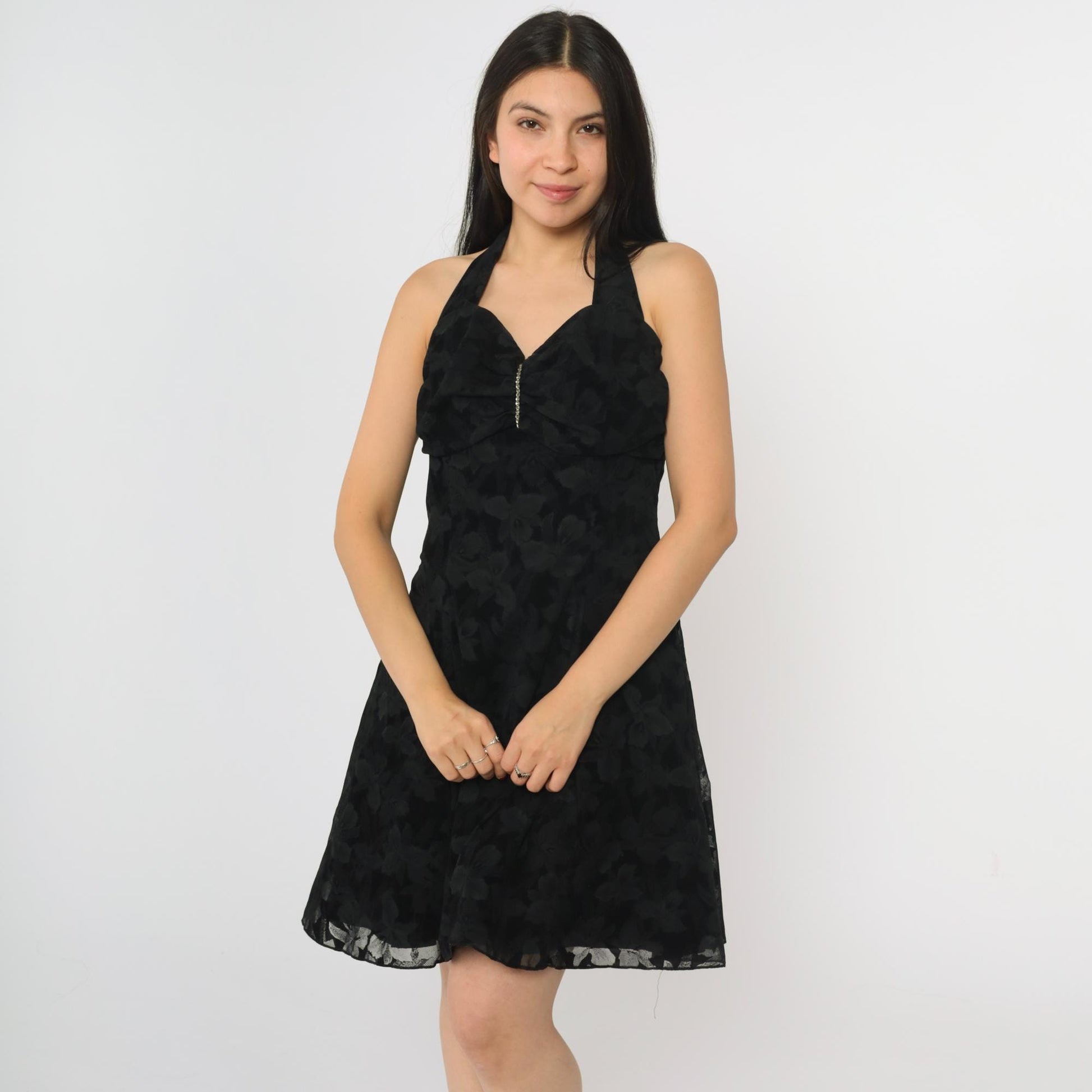 90s Zum Zum Black Halter Mini Dress Floral Flocked Rhinestone Small
