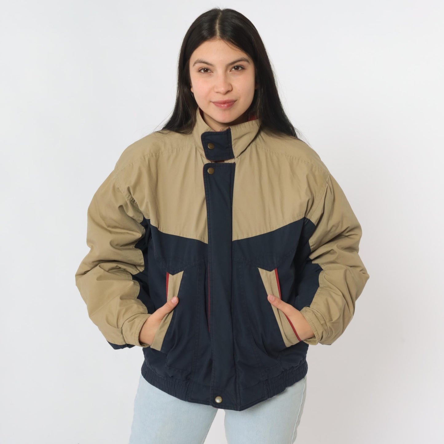 80s McGregor Puffer Jacket Tan Navy Color Block Ski Coat Small S