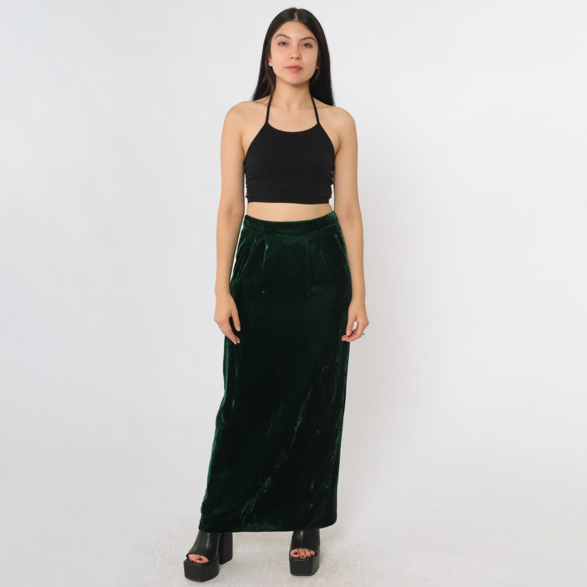 80s Green Velvet Maxi Skirt High Waist Ankle Length Small S