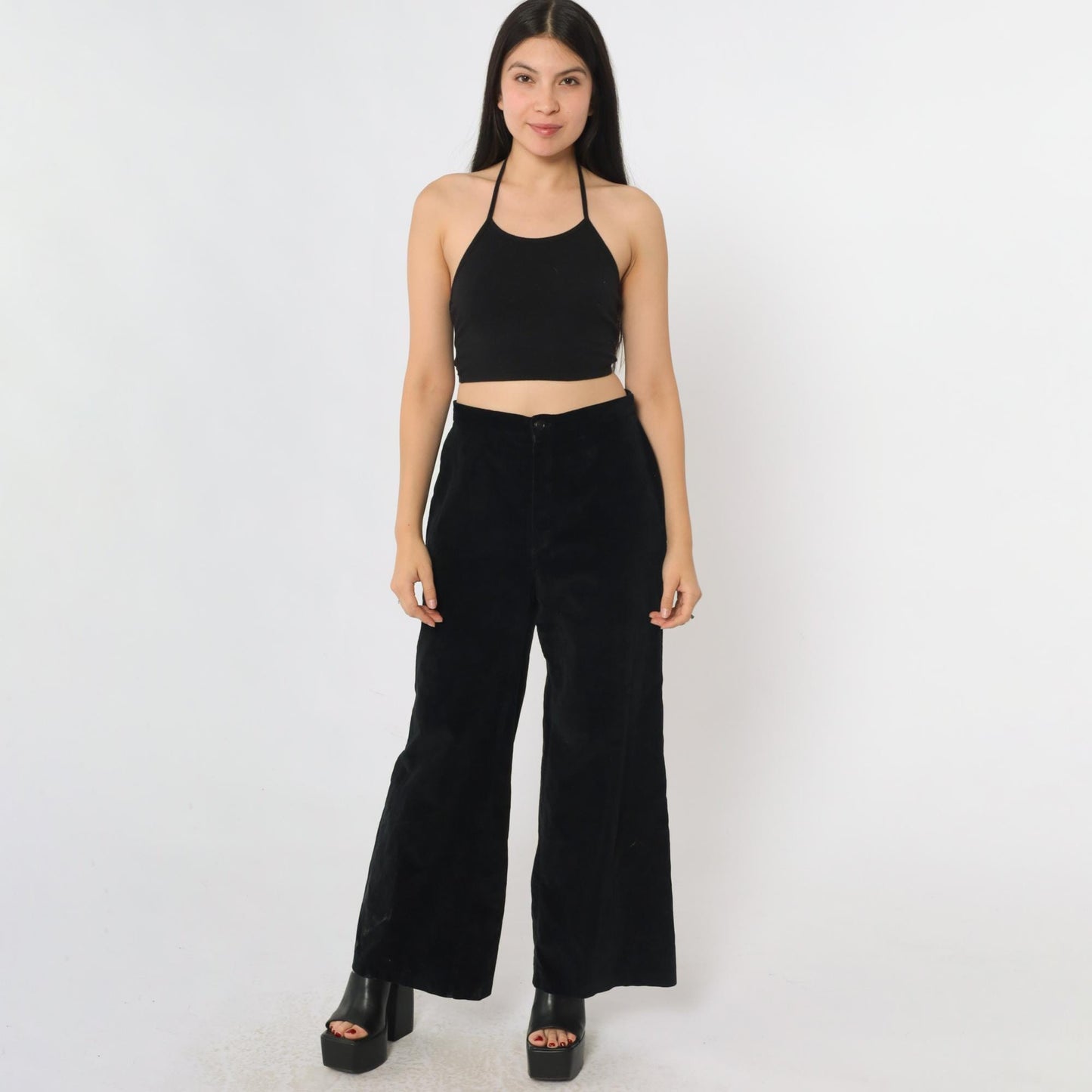 70s Black Velvet Bell Bottom Pants High Rise Wide Leg Small