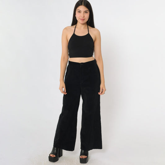 70s Black Velvet Bell Bottom Pants High Rise Wide Leg Small