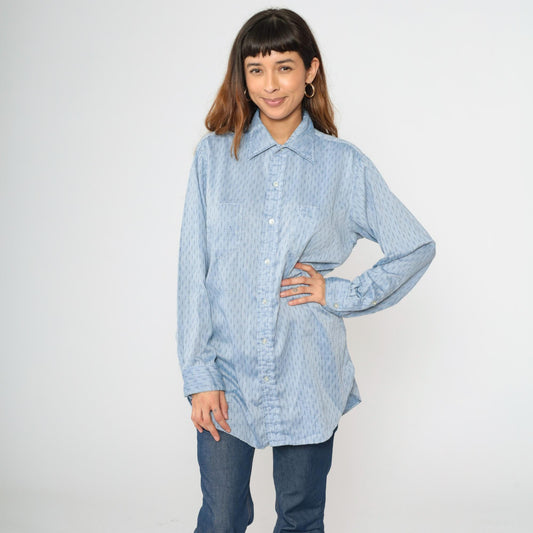 70s Light Blue Dash Stripe Button Down Shirt Cotton Blend Men's Large L