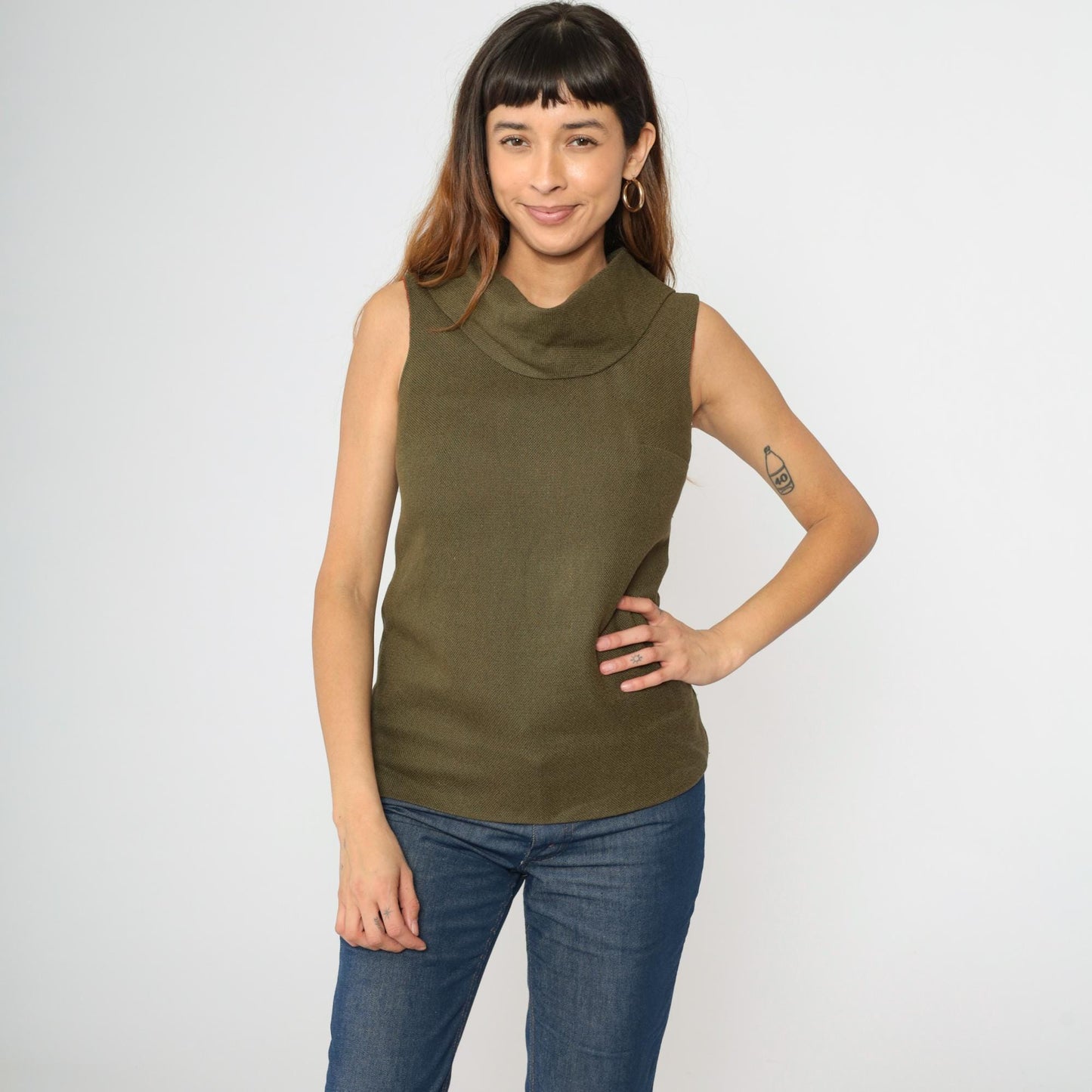 1960s Olive Brown Cowl Neck Sleeveless Woven Blouse Extra Small XS