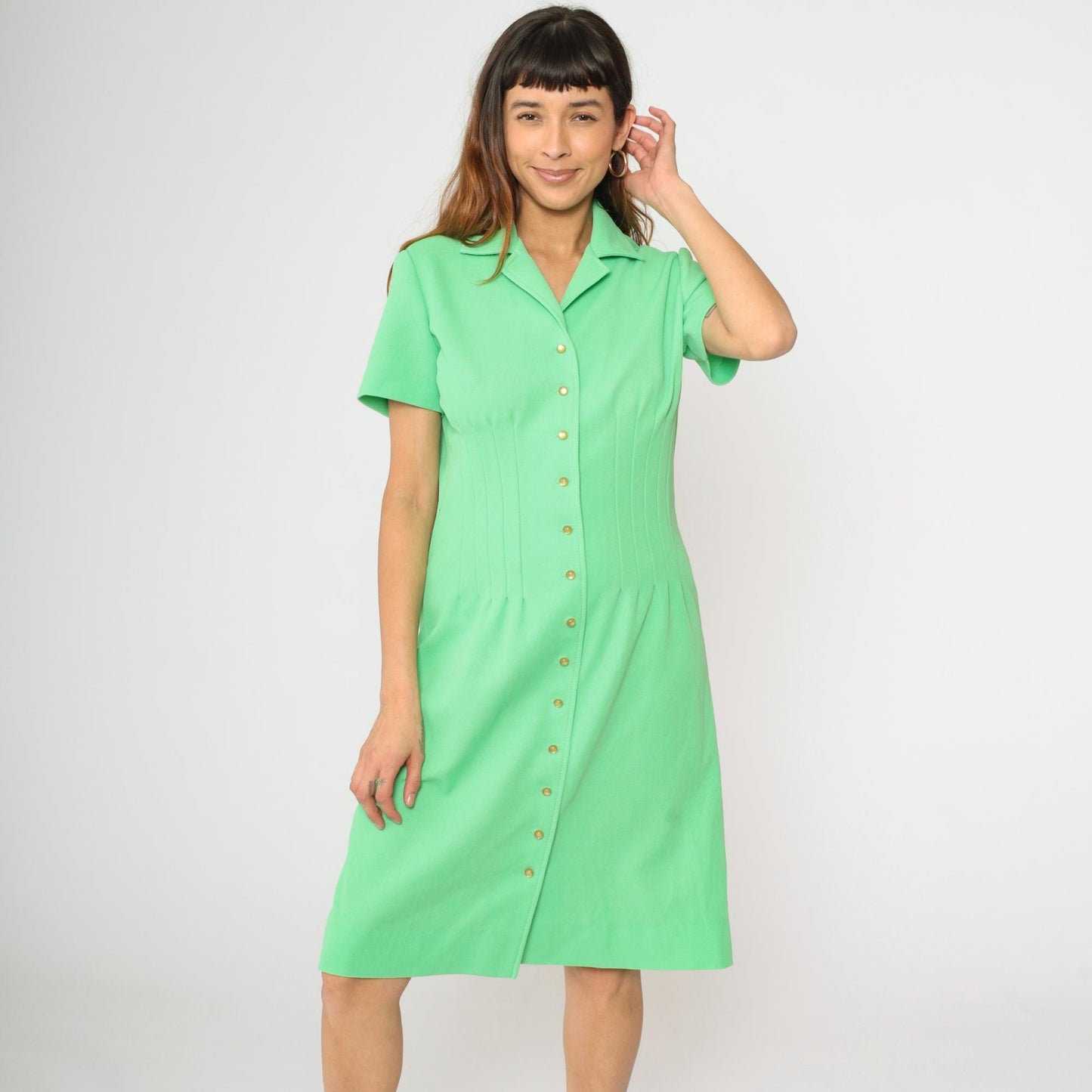 70s Green Mod Mini Shirtdress Button-Up Shift Dress Pointed Collar Medium M