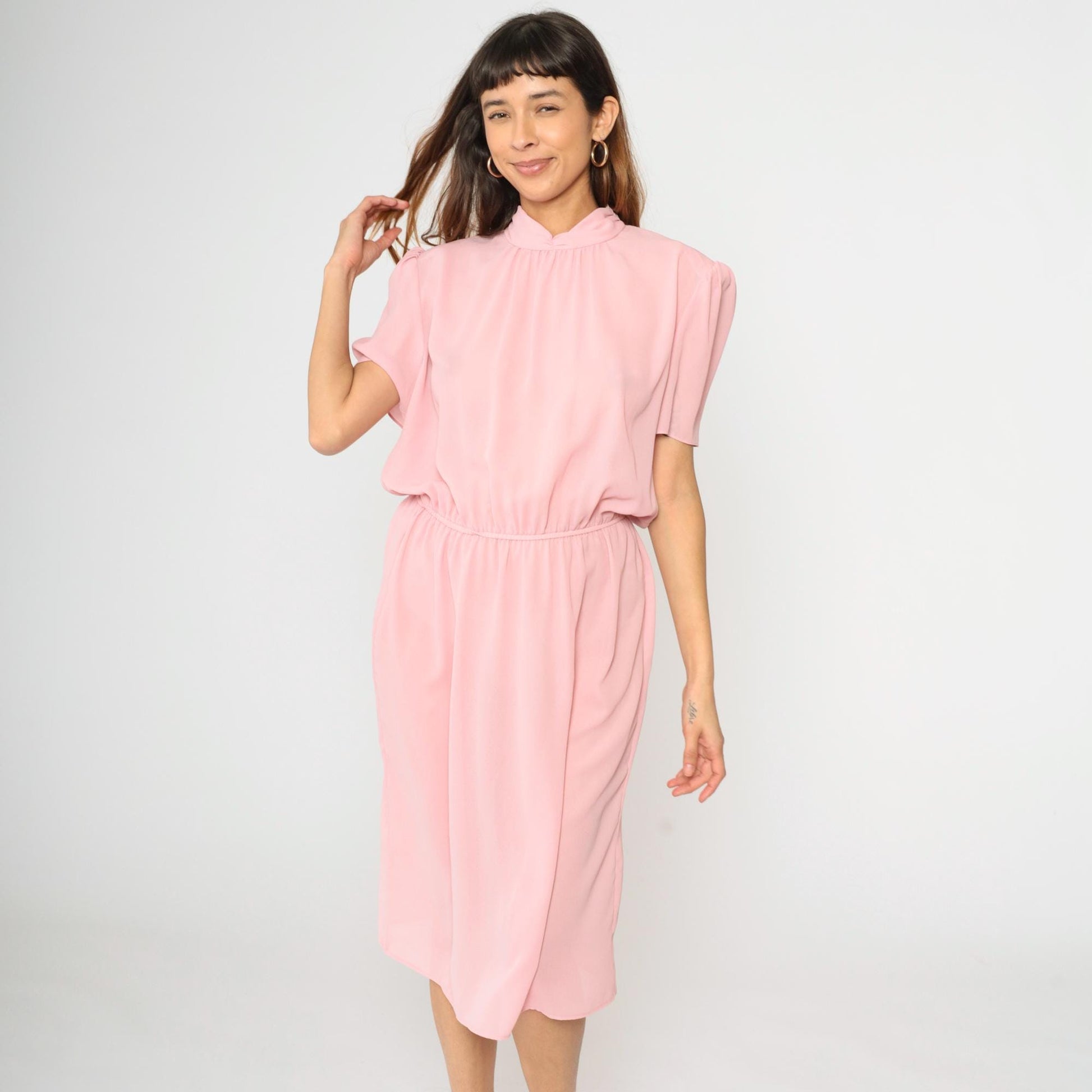 80s Pink Puff Sleeve Midi Dress High Waist Mock Neck Large L