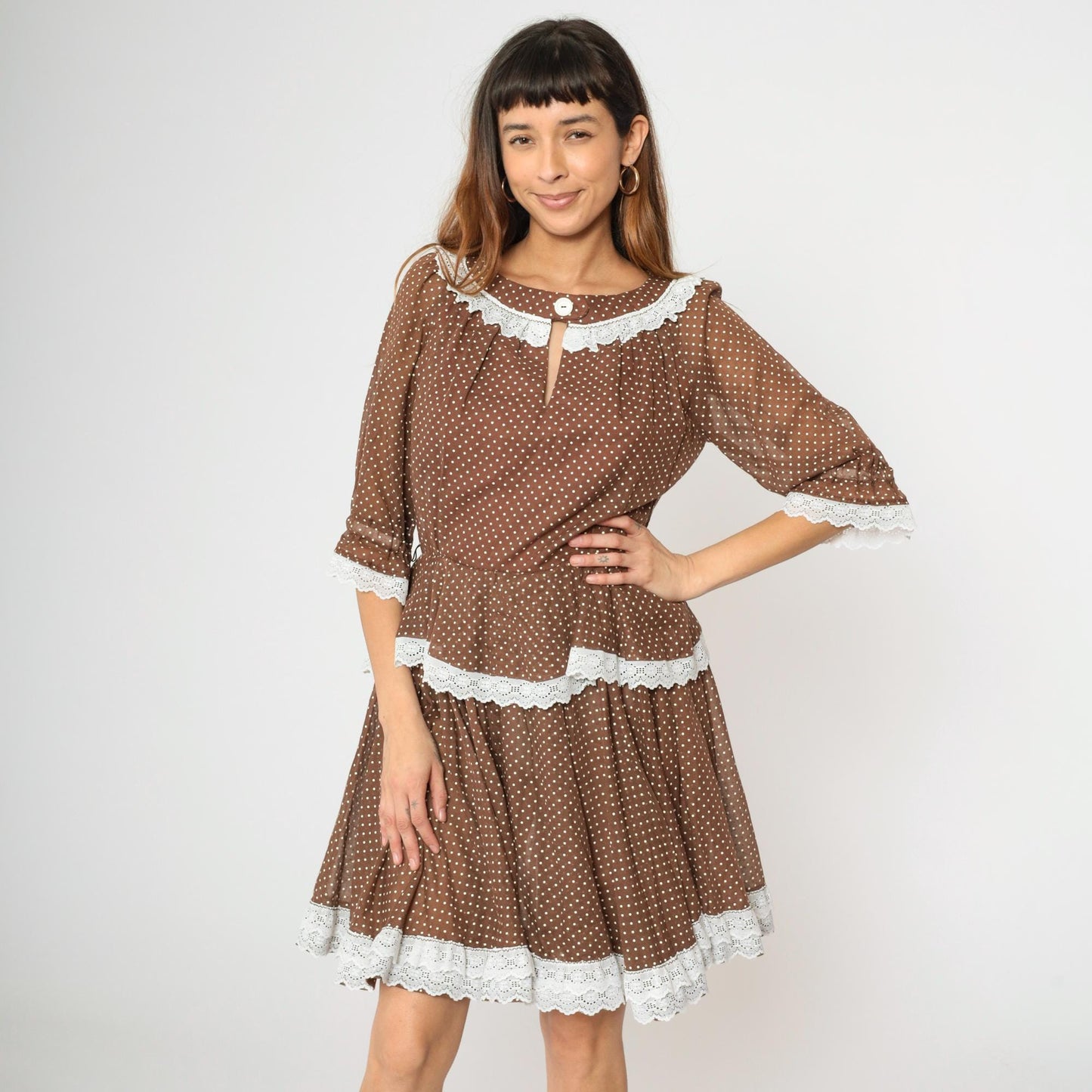 70s Brown Polka Dot Prairie Dress Keyhole Neck Tiered Skirt Medium