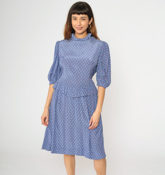 80s Blue Diamond Stripe Midi Dress Peplum Puff Sleeve High Neck Medium M