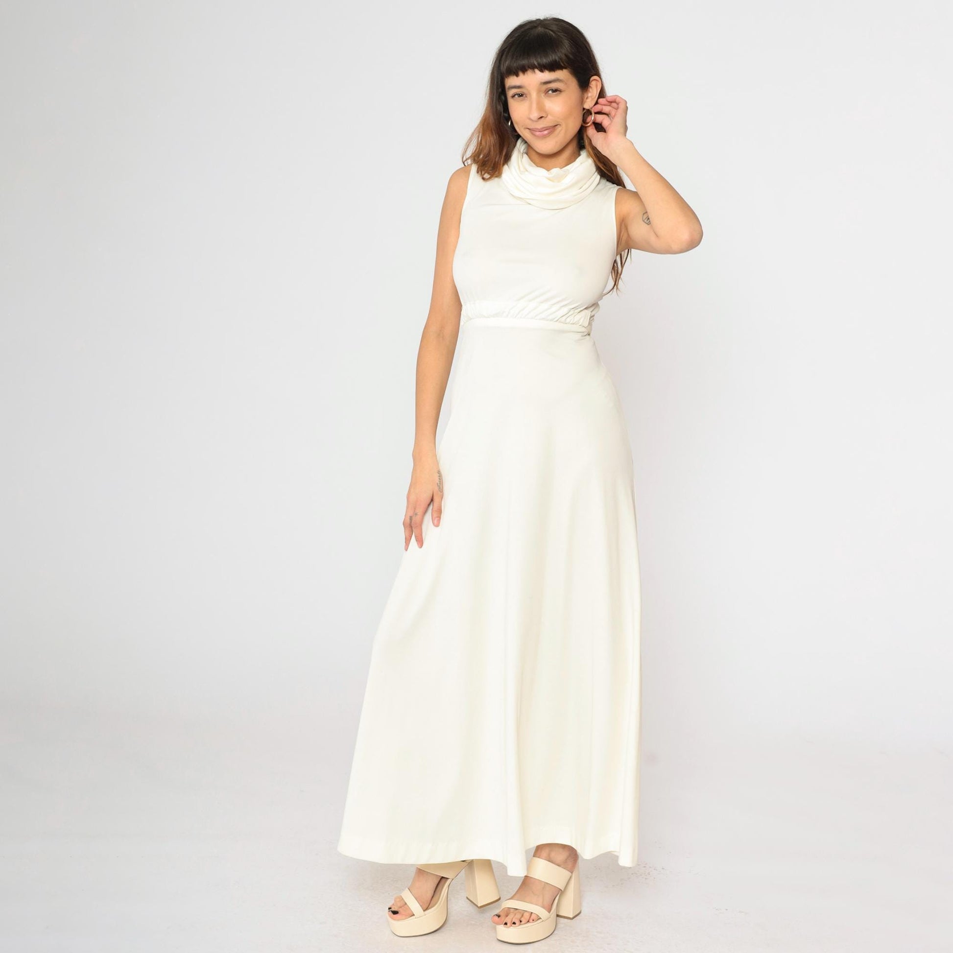 1970s White Maxi Dress Cowl Neck Cap Sleeve High Waist Grecian Gown Extra Small