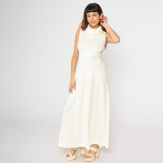 1970s White Maxi Dress Cowl Neck Cap Sleeve High Waist Grecian Gown Extra Small