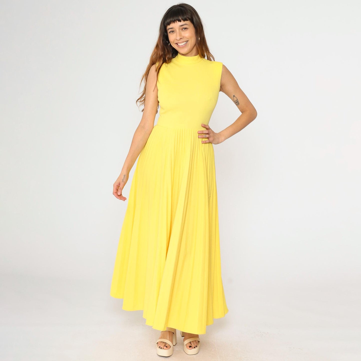 70s Yellow Pleated Maxi Dress Sleeveless High Waist Small S
