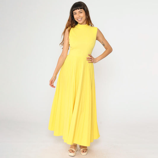70s Yellow Pleated Maxi Dress Sleeveless High Waist Small S