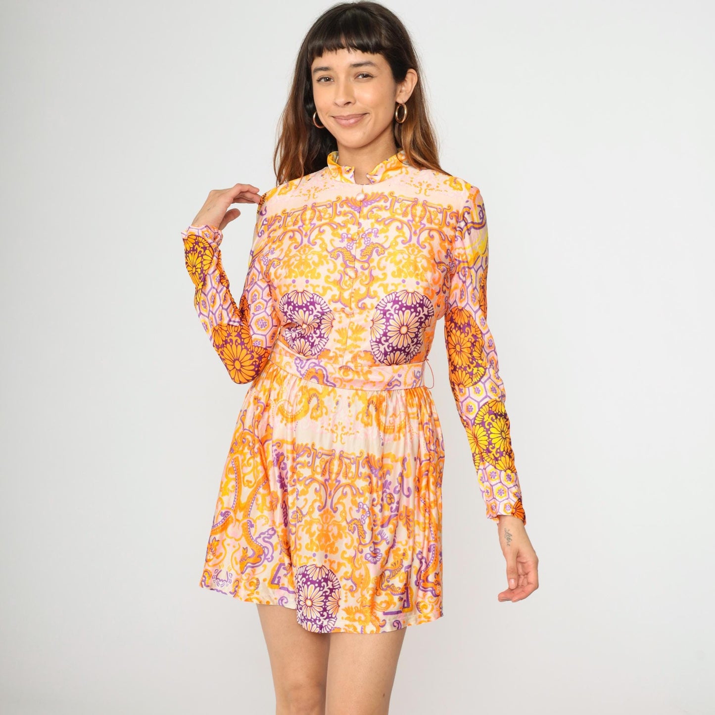 1960s Psychedelic Floral Mini Dress Mandarin Collar Long Sleeve Pink Orange Purple Small