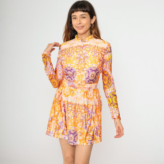 1960s Psychedelic Floral Mini Dress Mandarin Collar Long Sleeve Pink Orange Purple Small