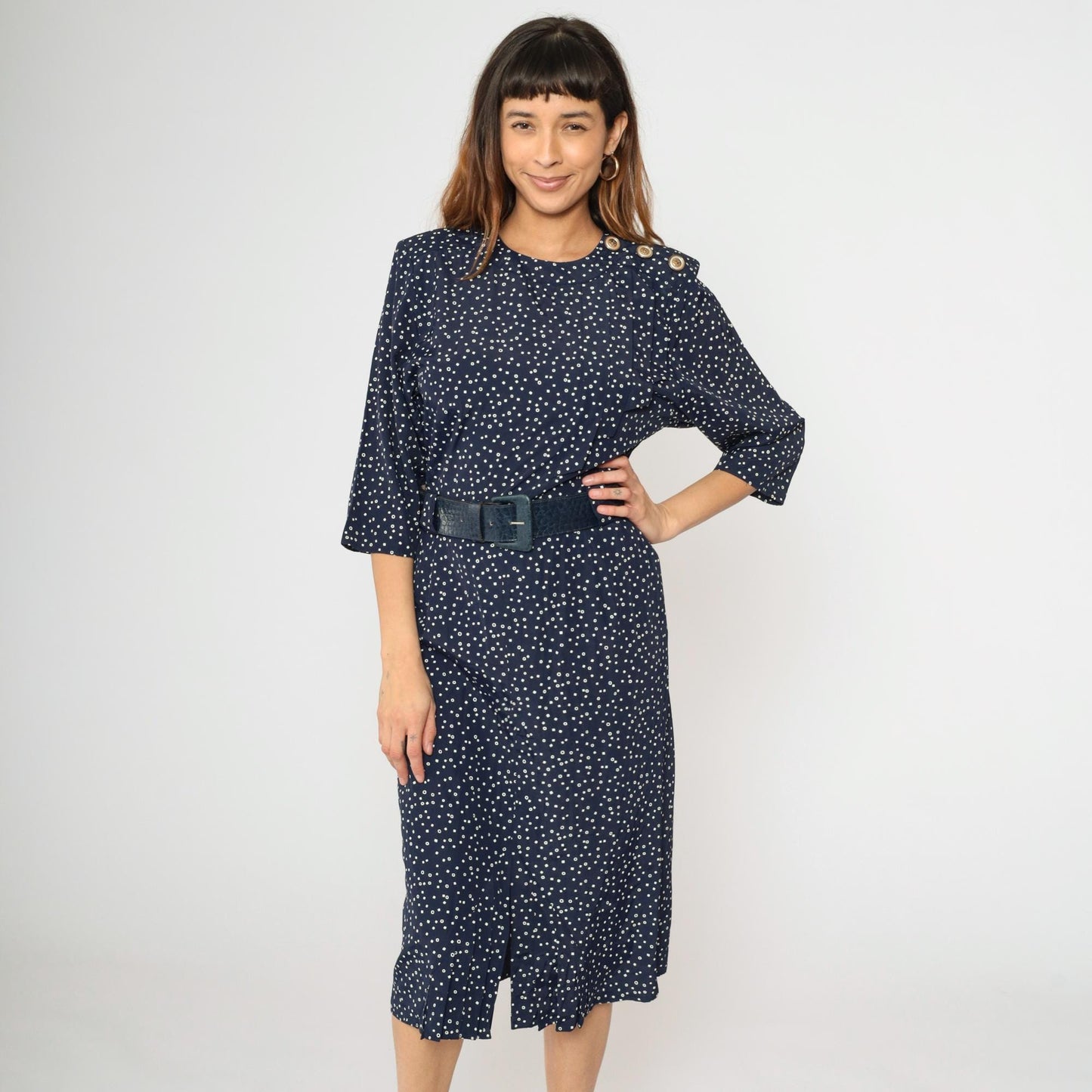 80s Navy Polka Dot Midi Dress Pleated Bodice High Waist Belted Small S
