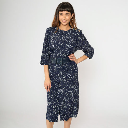 80s Navy Polka Dot Midi Dress Pleated Bodice High Waist Belted Small S