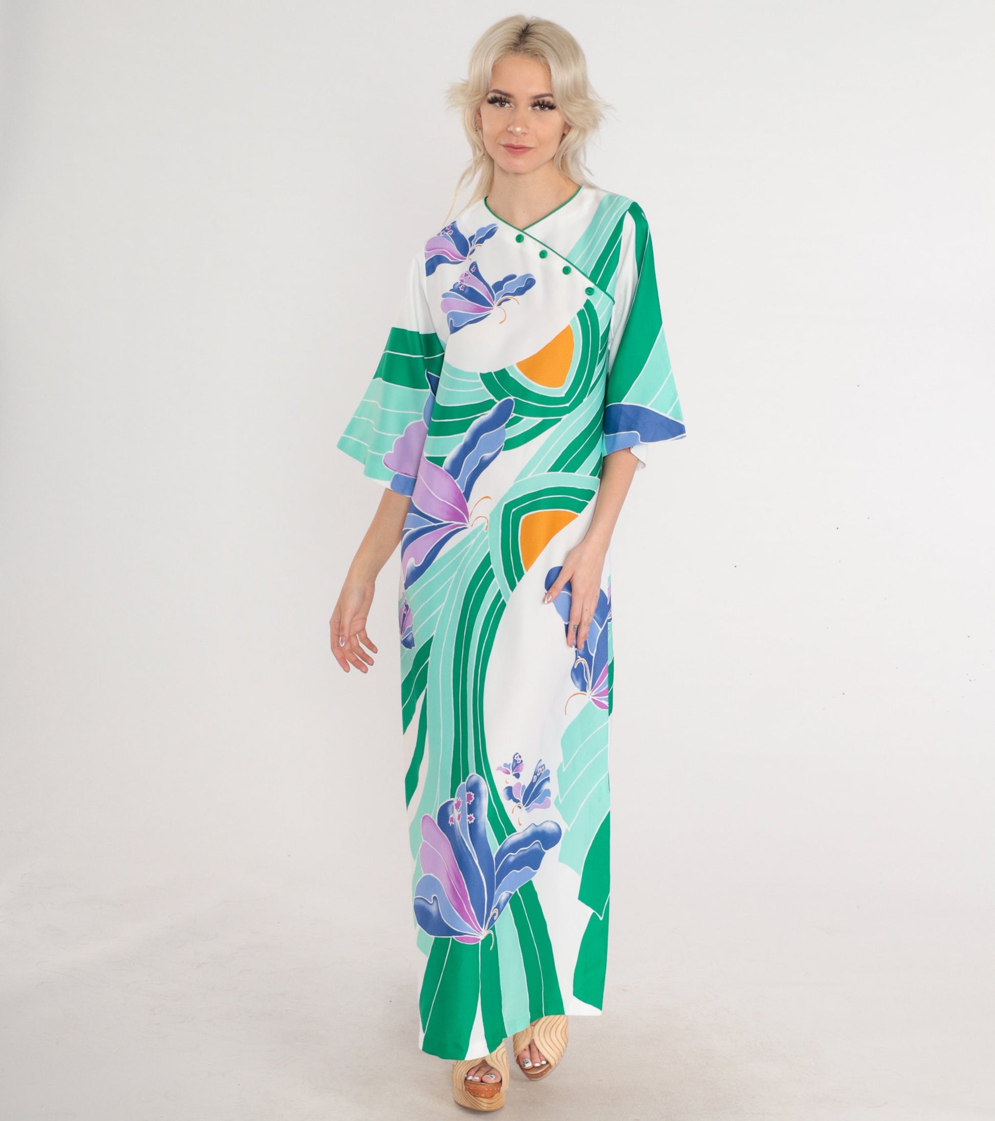 70s Butterfly Maxi Dress White Green Purple Psychedelic Print Button Front XS
