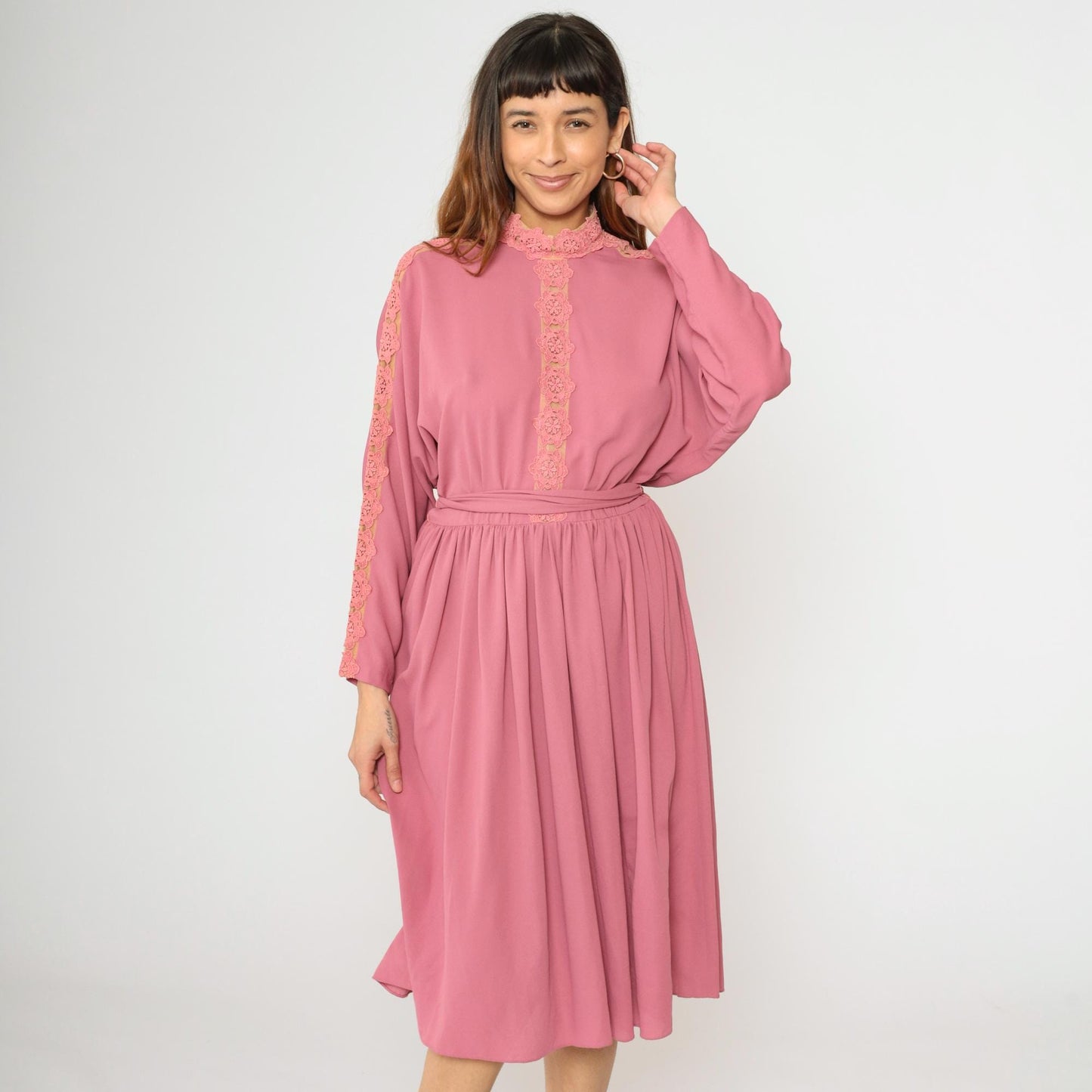 70s Pink Midi Dress Lace Trim Dolman Sleeve High Waisted Belted Medium