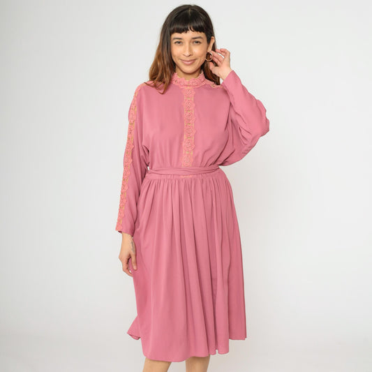 70s Pink Midi Dress Lace Trim Dolman Sleeve High Waisted Belted Medium