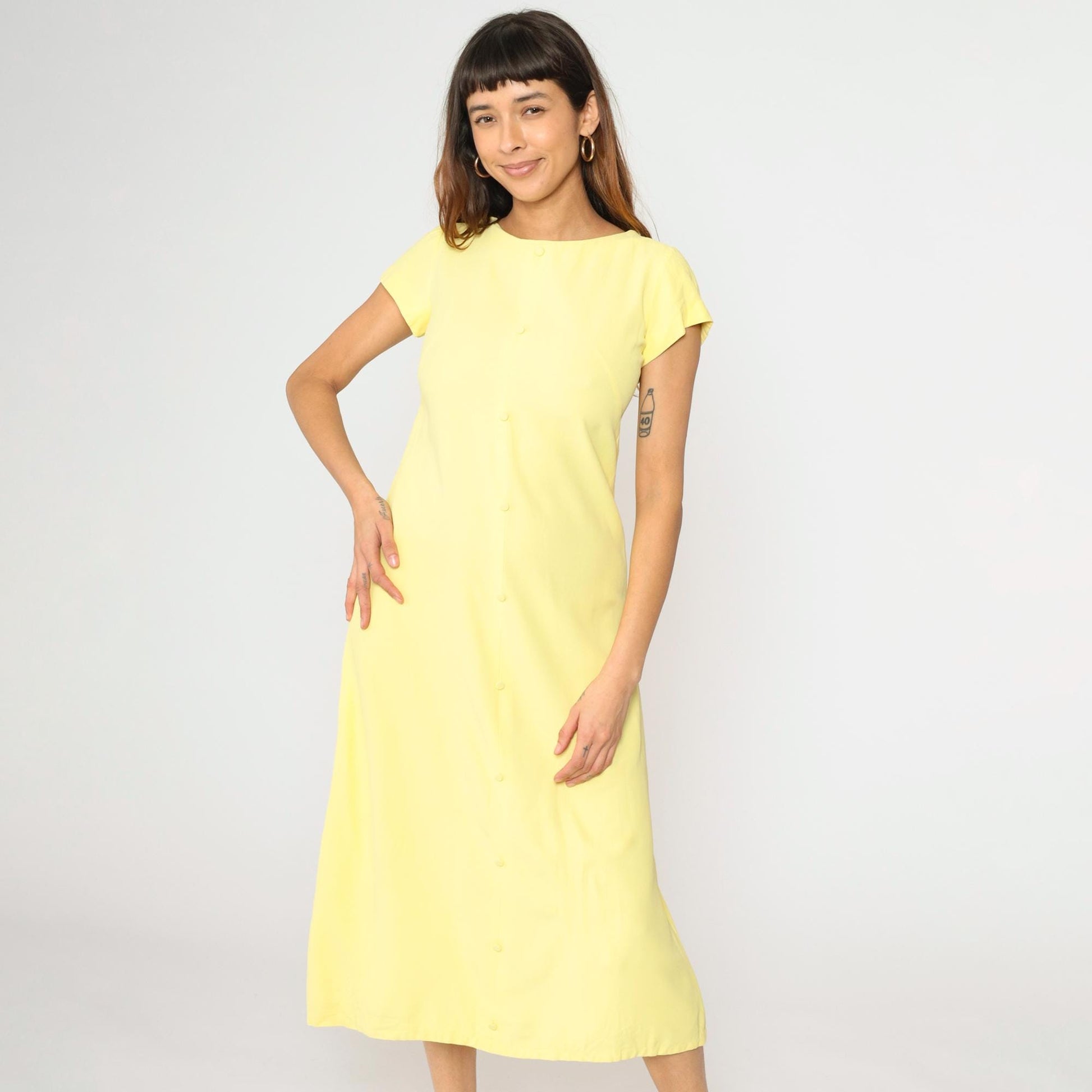 60s Light Yellow A-Line Midi Dress Short Sleeve Small – Shopexile