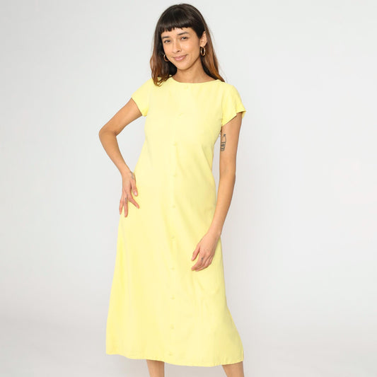 60s Light Yellow A-Line Midi Dress Short Sleeve Decorative Buttons Small
