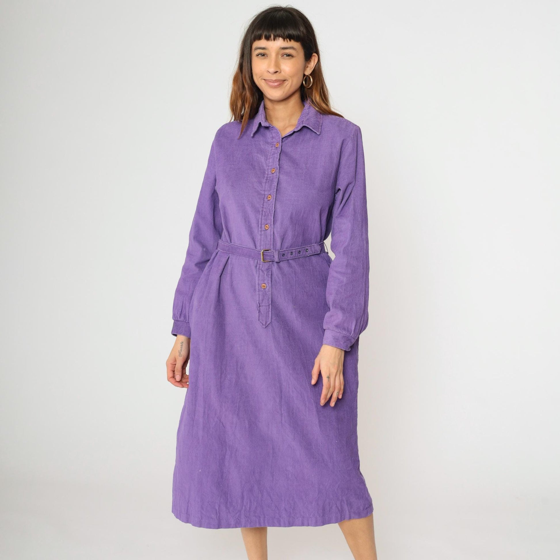 90s Purple Corduroy Midi Dress High Waisted Button Up Long Sleeve Medium M