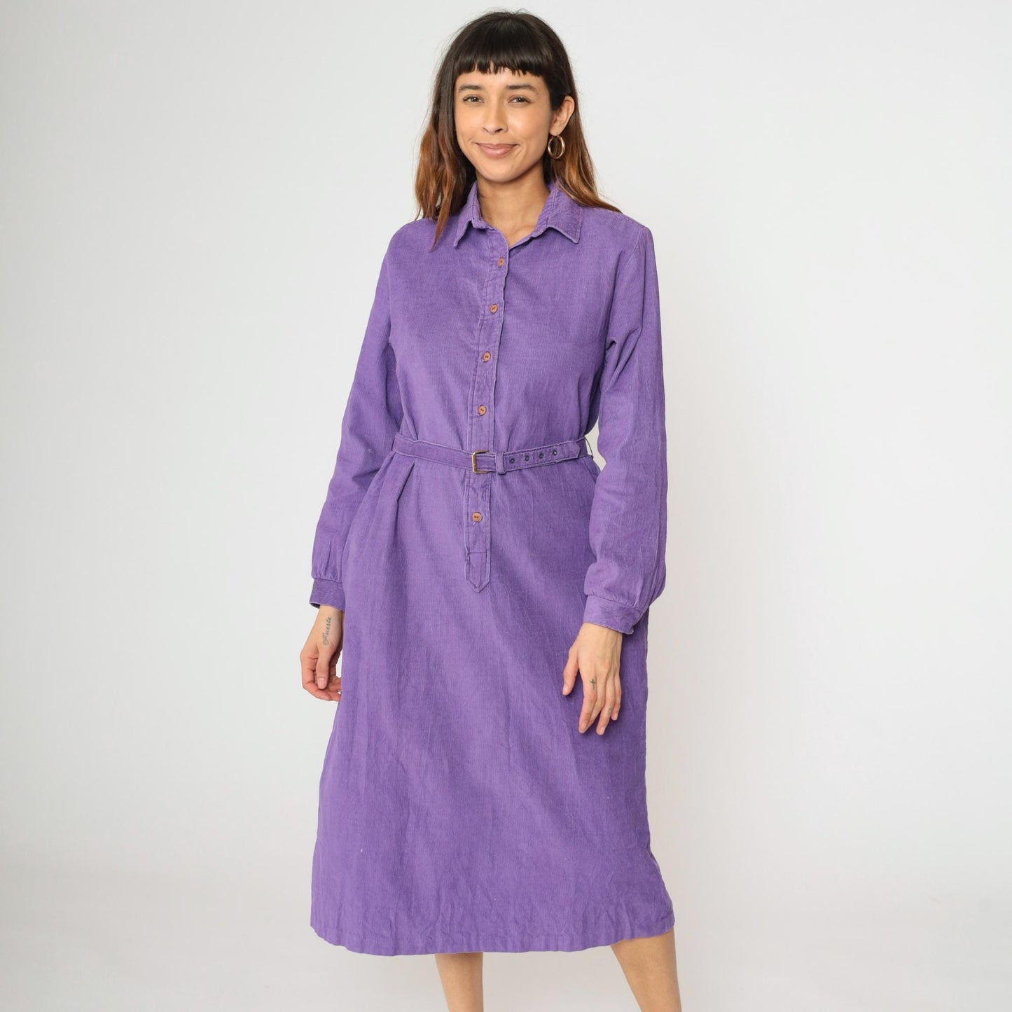 90s Purple Corduroy Midi Dress High Waisted Button Up Long Sleeve Medium M