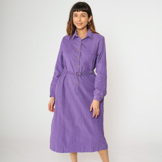 90s Purple Corduroy Midi Dress High Waisted Button Up Long Sleeve Medium M