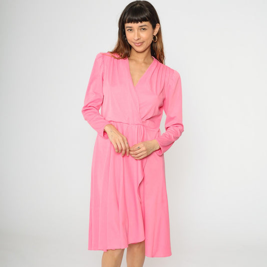 80s Pink Faux Wrap Midi Dress Deep V Puff Sleeve High Waist Extra Large