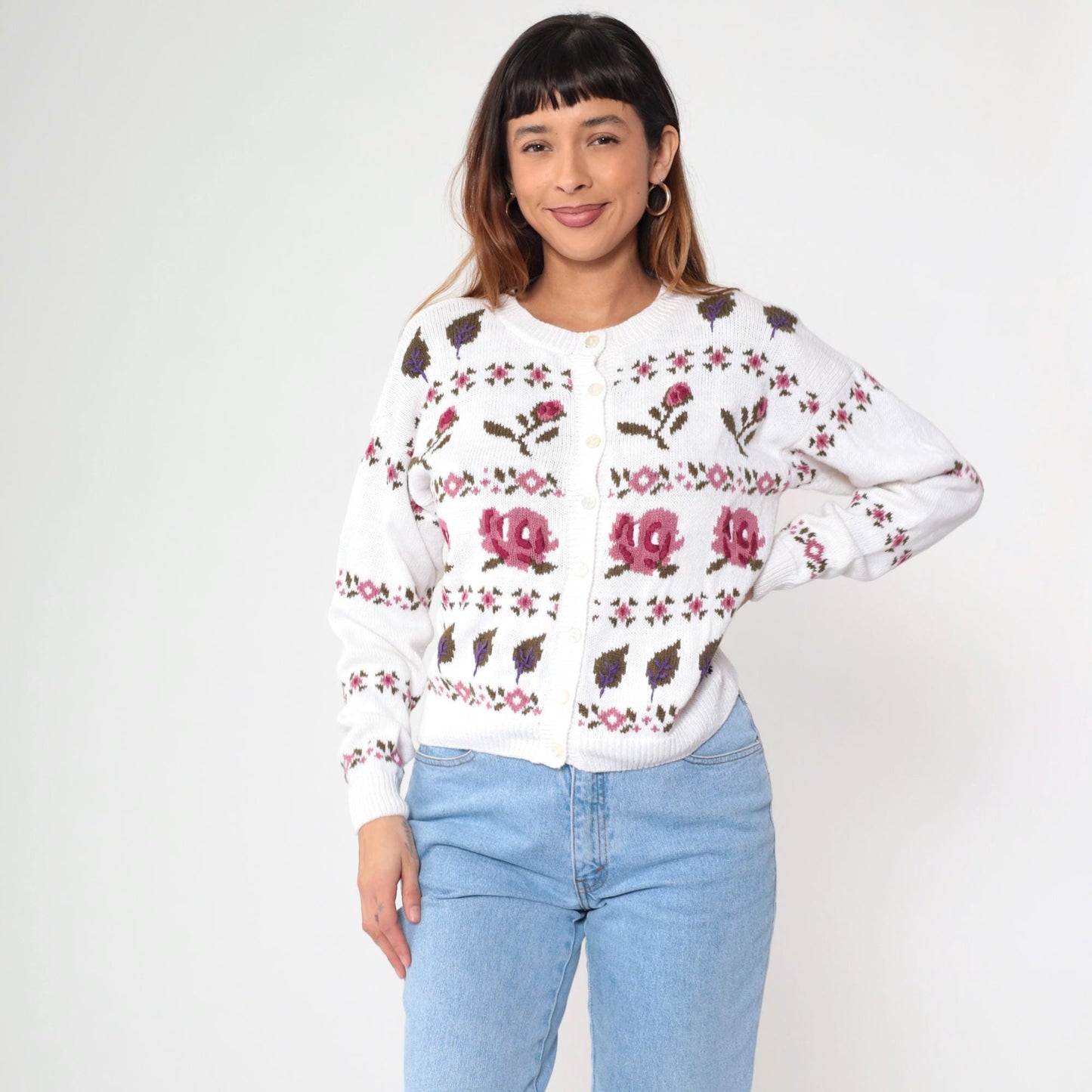 90s Ninon De Lendon Floral Cardigan White Cotton Ramie Knit Medium M
