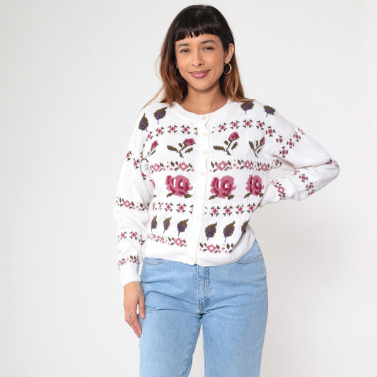 90s Ninon De Lendon Floral Cardigan White Cotton Ramie Knit Medium M