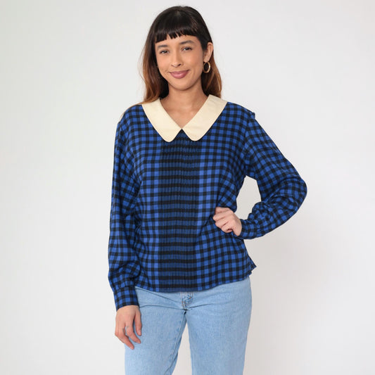 80s Albert Nipon Checkered Blouse Blue Black Gingham Cream Collar Medium