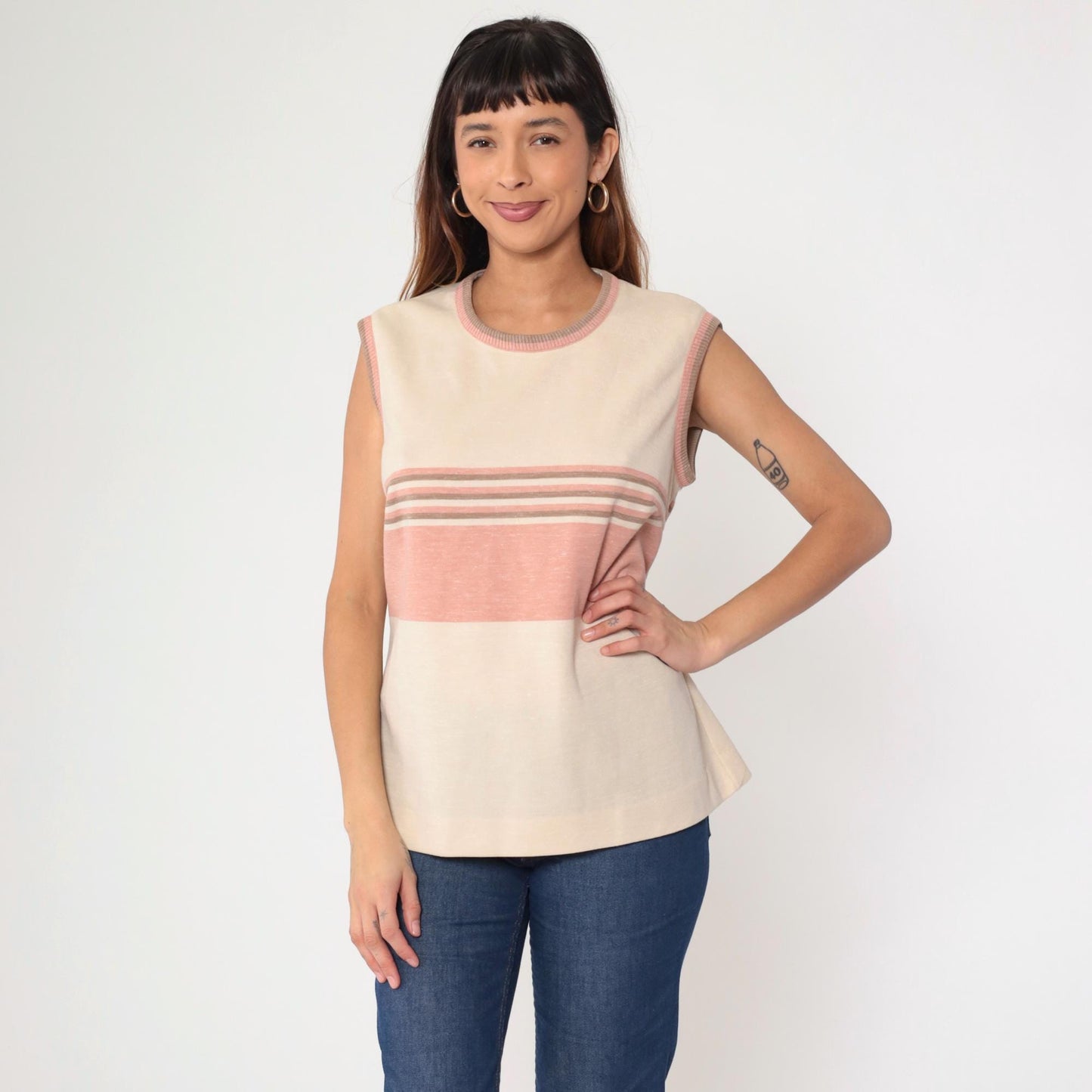 70s Striped Tank Top Cream Pink Ringer Neckline Sleeveless Medium Large