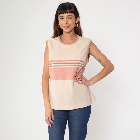 70s Striped Tank Top Cream Pink Ringer Neckline Sleeveless Medium Large