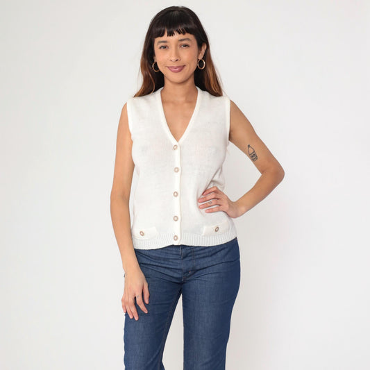 80s White Knit Sweater Vest V-Neck Button-Up Sleeveless Small S