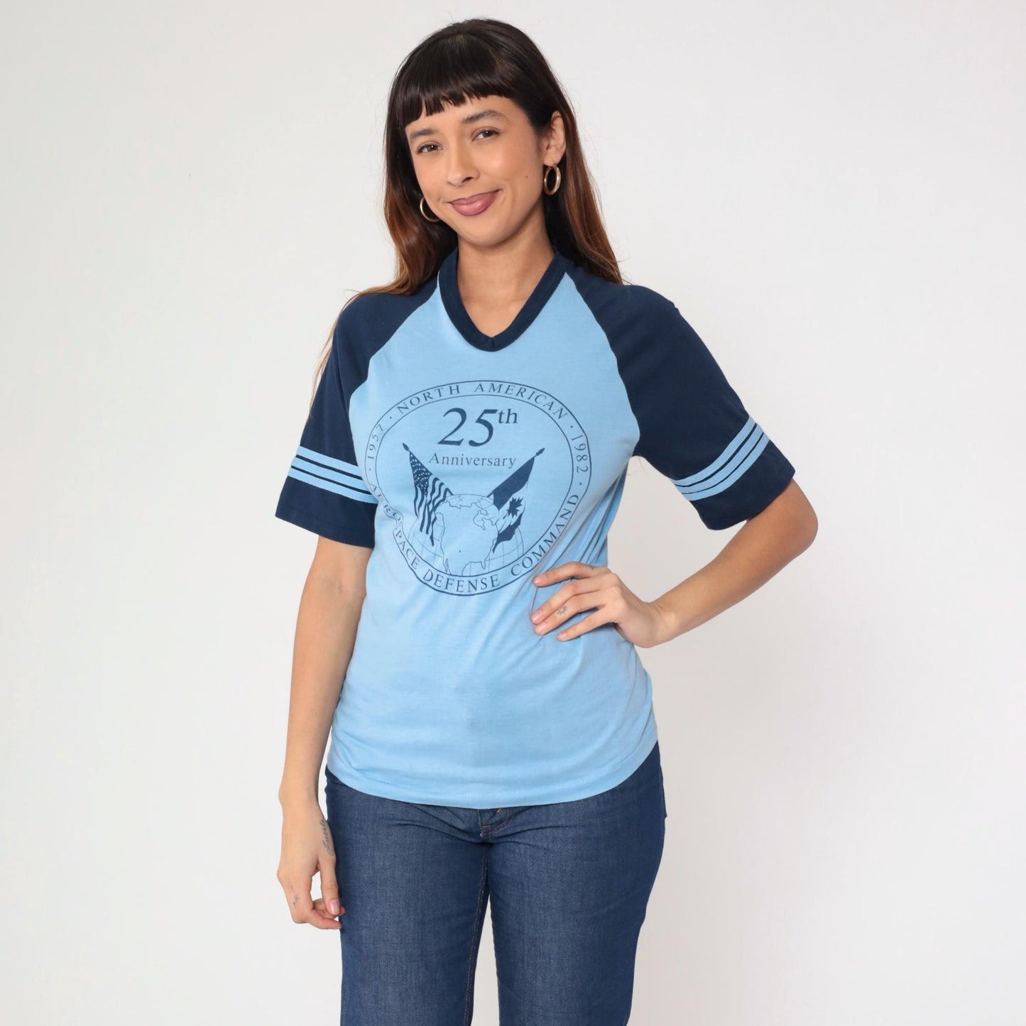 80s NORAD 1982 Anniversary Ringer T-Shirt Blue Graphic Tee Small