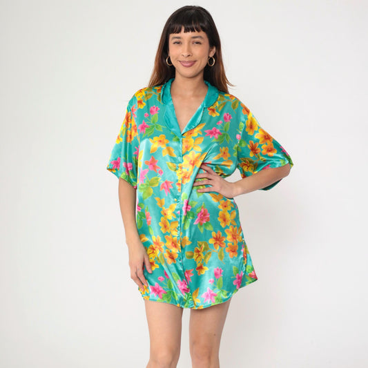 90s Victoria's Secret Aqua Floral Satin Nightgown Button-Up Mini Medium M