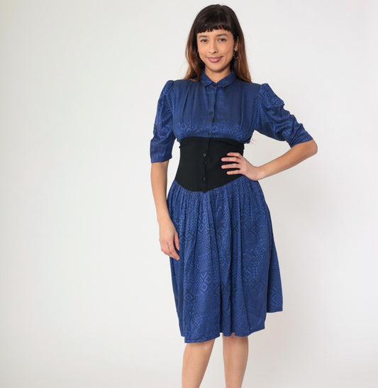 80s Lady Ann Blue Geometric Midi Dress Cinched Waist Puff Sleeve Small S