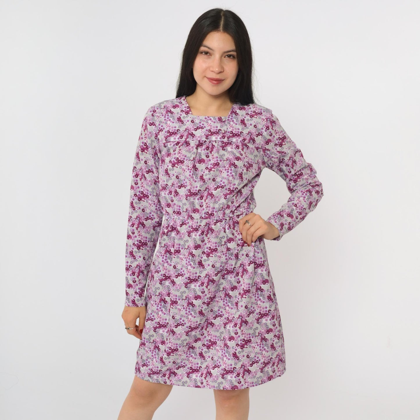 70s Purple Floral Abstract Mini Dress Long Sleeve High Waist Square Neck Small