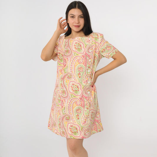 90s Paisley Mini Dress Psychedelic Print Asymmetrical Button Shift Medium Large