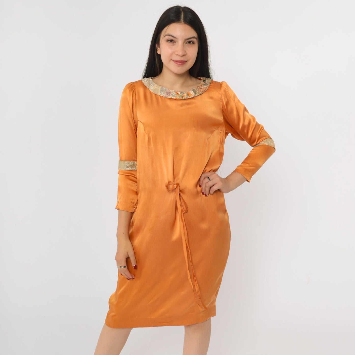 70s Orange Satin Midi Dress Floral Brocade Trim Tie Waist Puff Sleeve Small