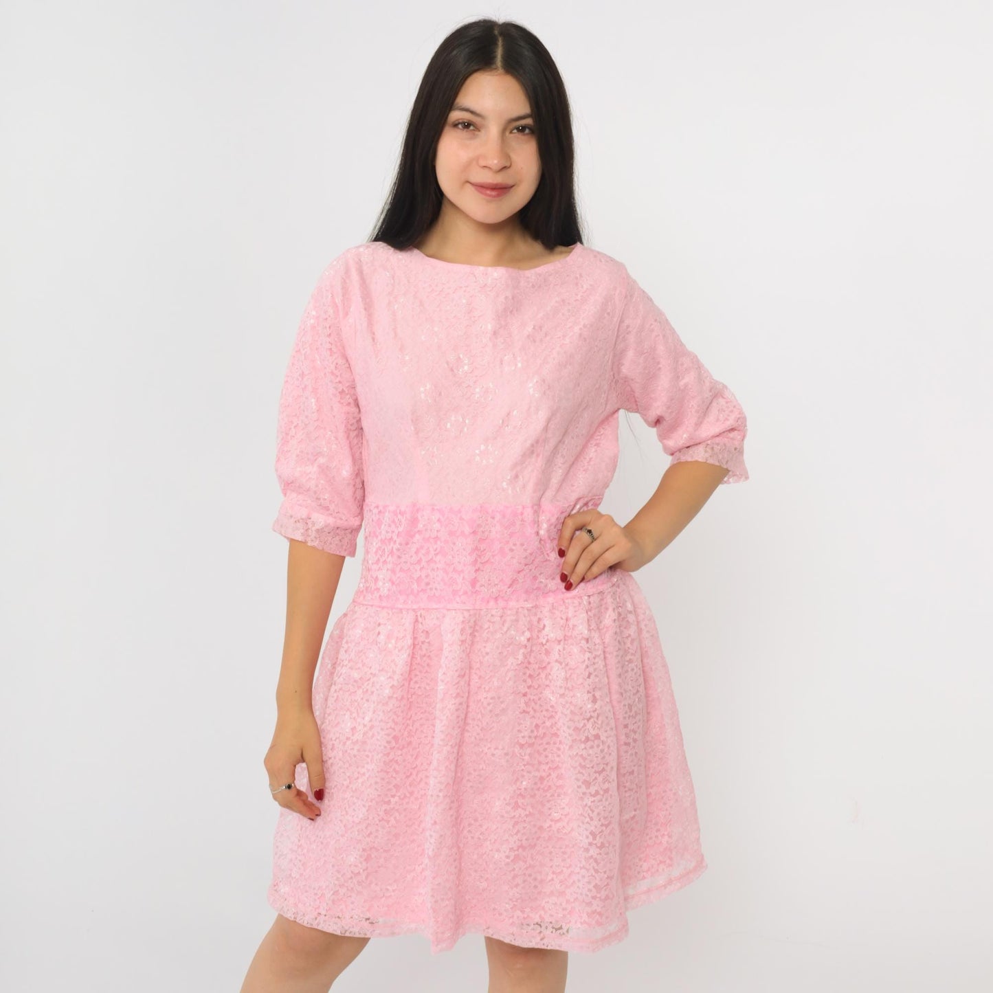 80s Baby Pink Lace Mini Dress Drop Waist Half Sleeve Gathered Skirt Medium M
