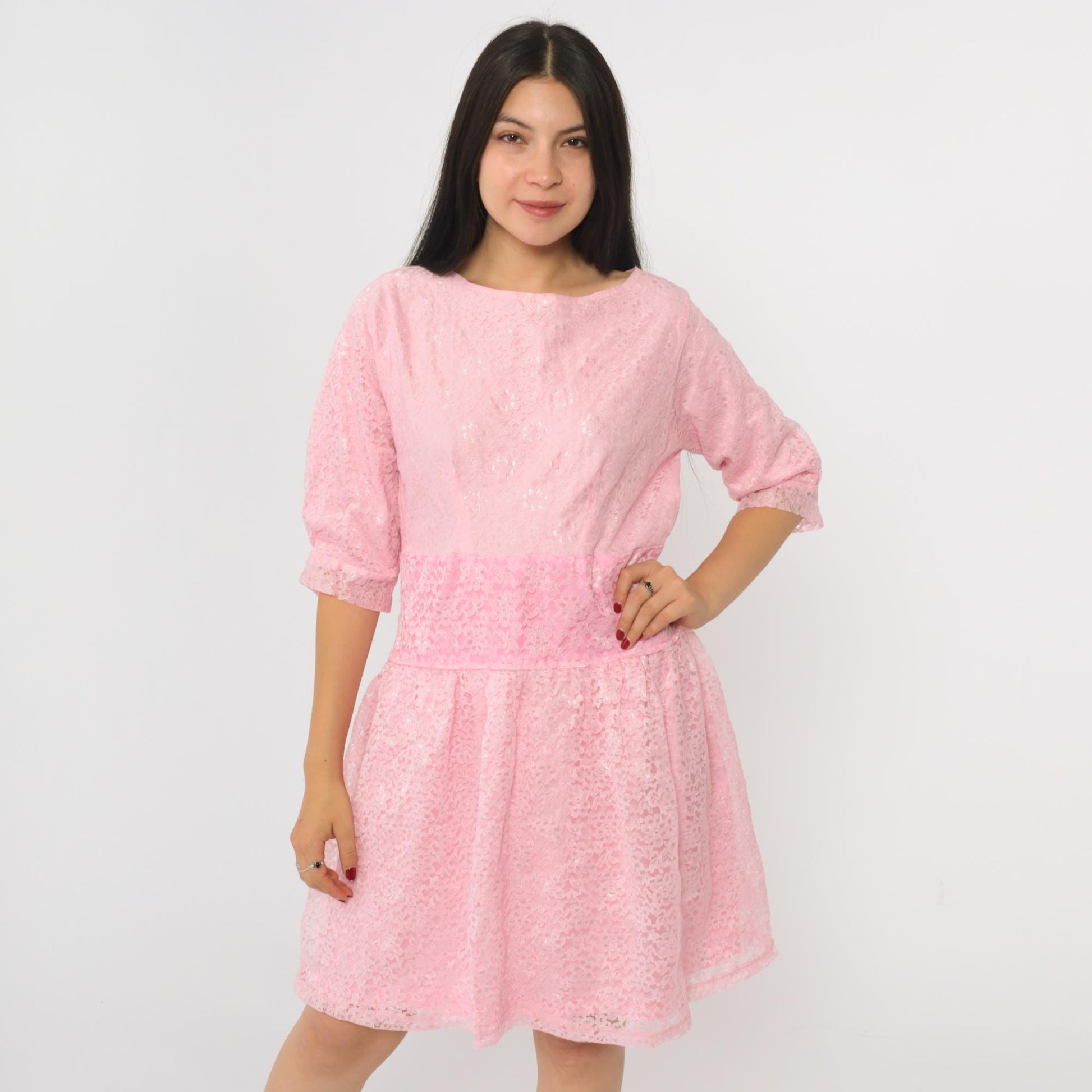 80s Baby Pink Lace Mini Dress Drop Waist Half Sleeve Gathered Skirt Medium M