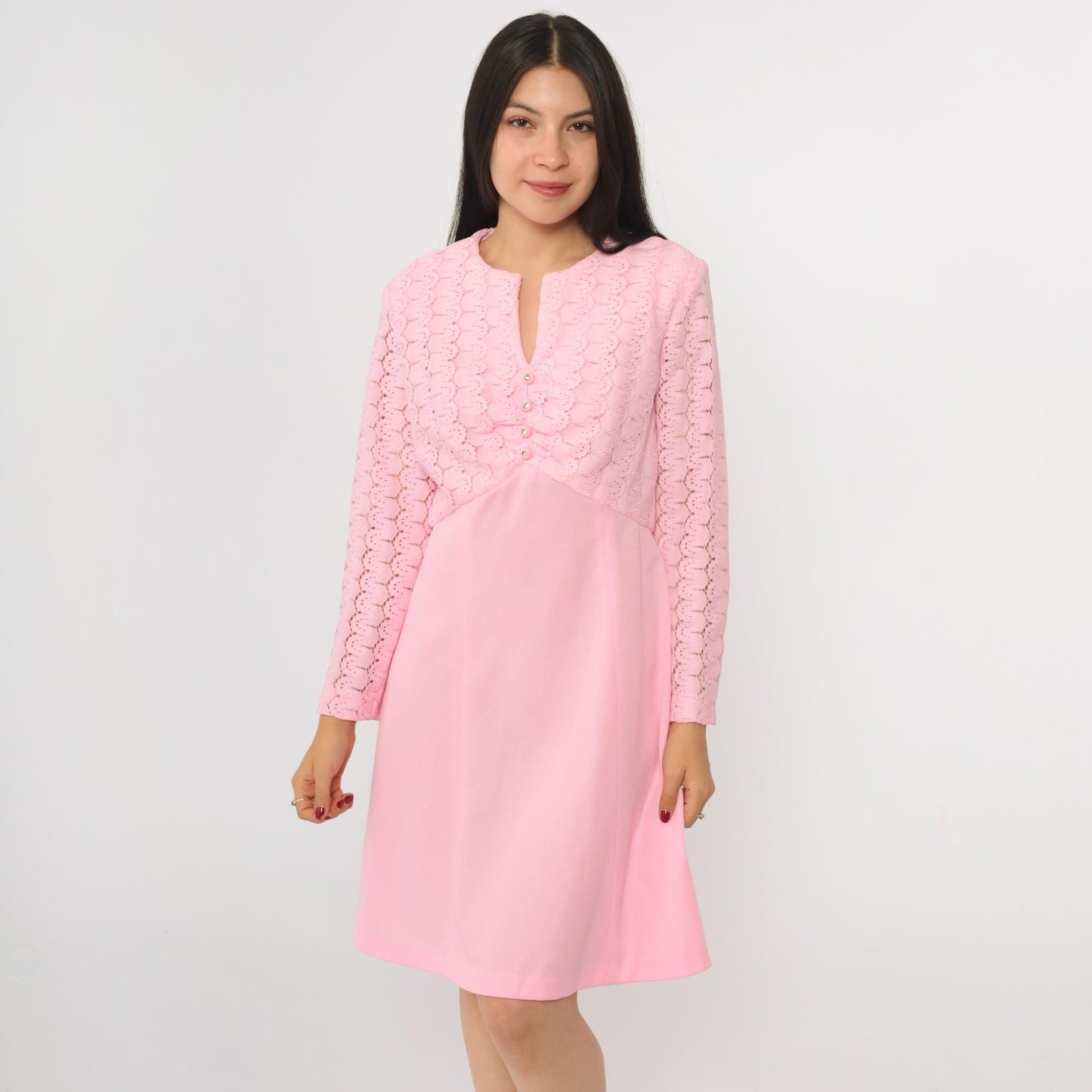 70s Baby Pink Lace Mini Dress Rhinestone Buttons High Waist Long Sleeve Medium M