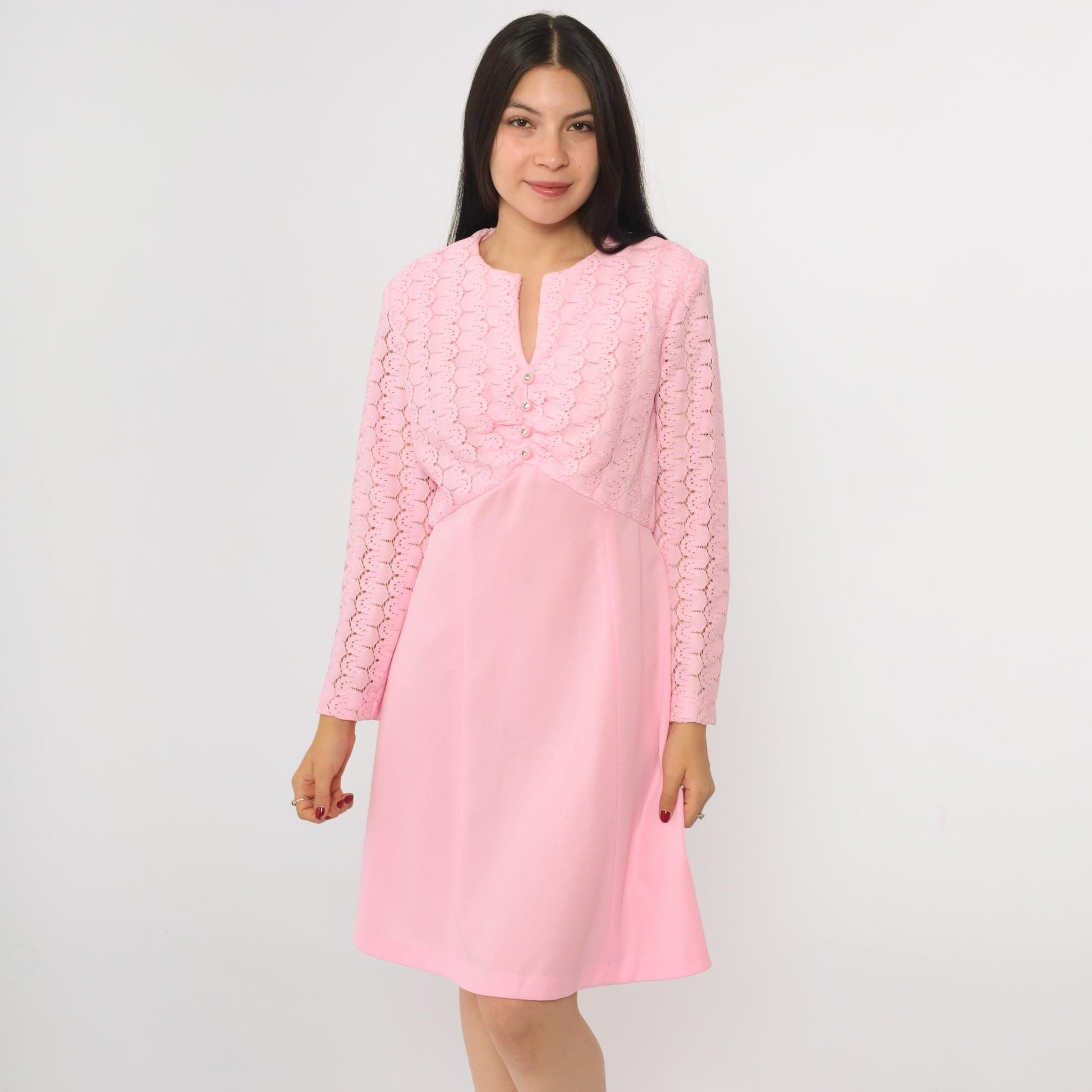 70s Baby Pink Lace Mini Dress Rhinestone Buttons High Waist Long Sleeve Medium M